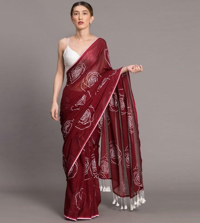 suta maroon cotton printed saree without blouse