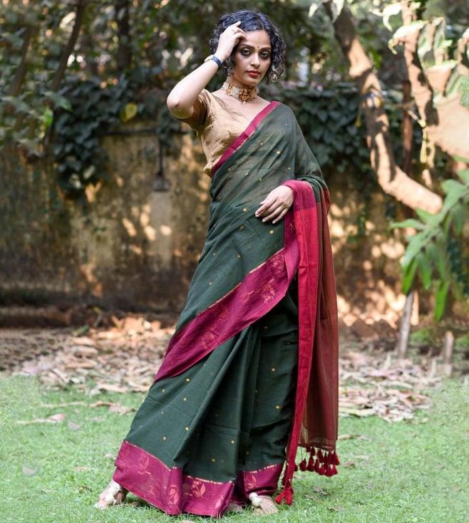 suta olive green cotton woven saree without blouse