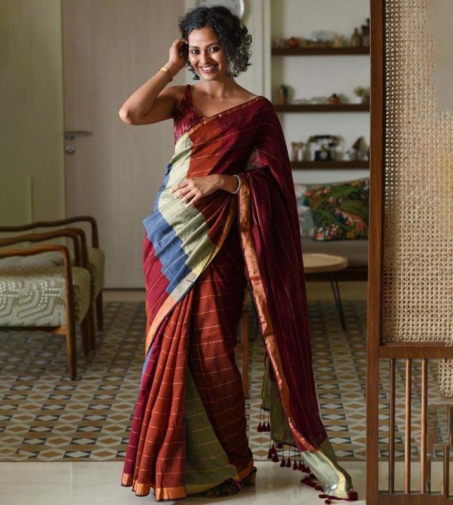 suta maroon & blue woven saree