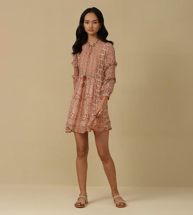 aarke ritu kumar peach printed ruffle short dress