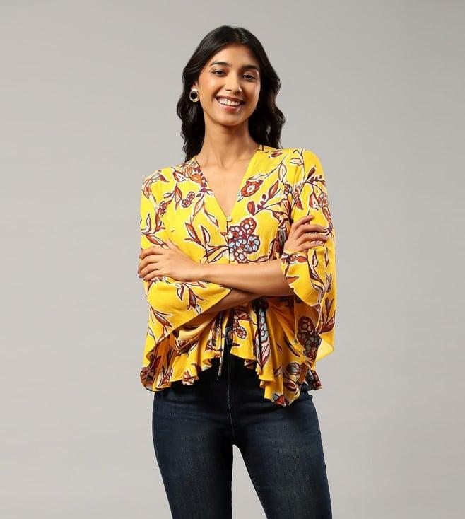 label ritu kumar yellow v neck full sleeve printed short top