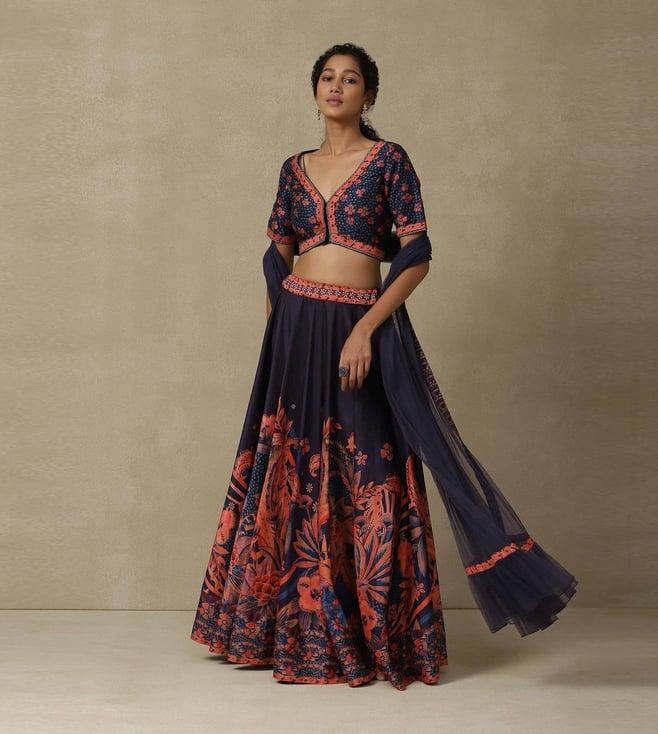 aarke ritu kumar navy floral printed lehenga with blouse and dupatta