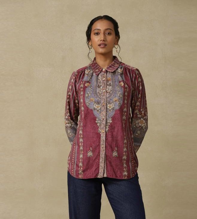 aarke ritu kumar prune printed velvet shirt