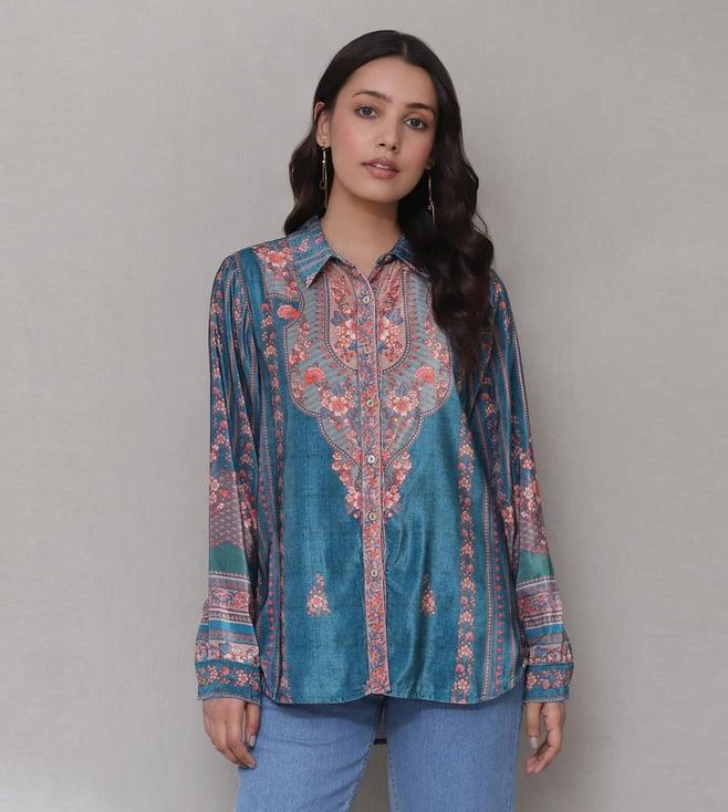 aarke ritu kumar teal printed velvet shirt