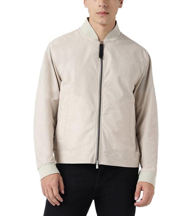 boss light beige printed slim fit bomber jacket