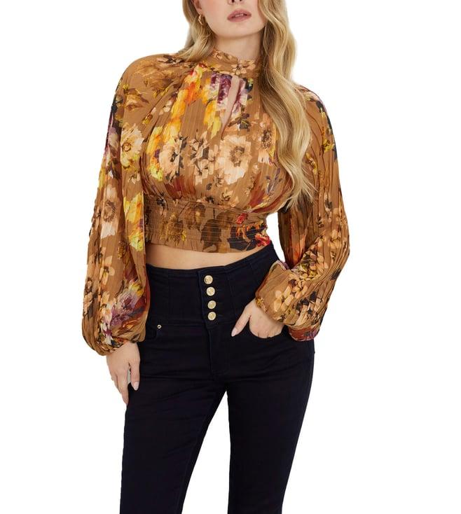 guess caramel bouquet floral slim fit crop top