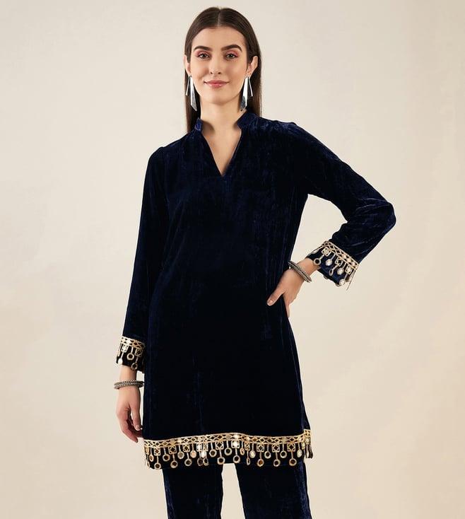 first resort by ramola bachchan blue silk velvet kurta with mirror lace detail