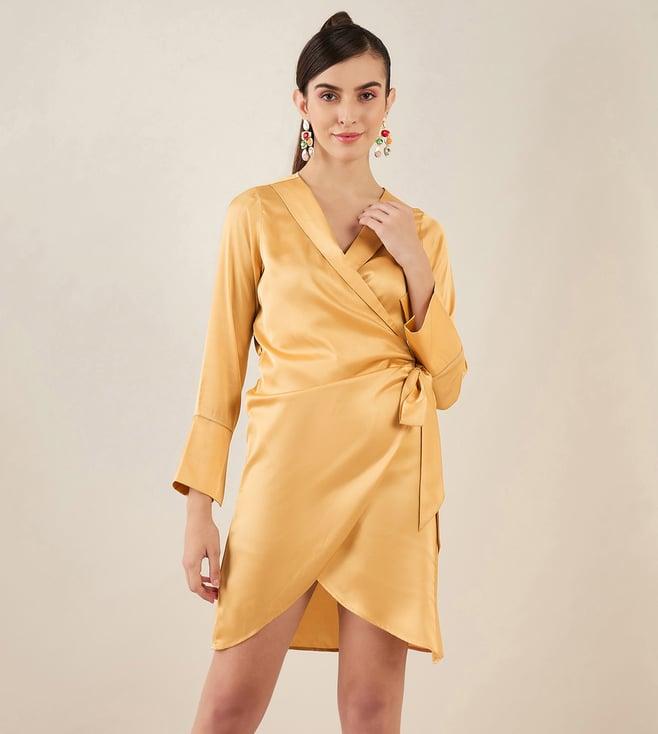 first resort by ramola bachchan gold wrap around embellished satin short dress