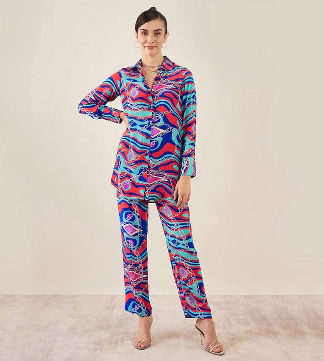 first resort by ramola bachchan blue and red marine wave print shirt and pants set