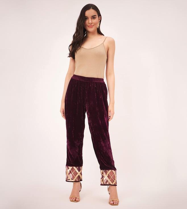 first resort by ramola bachchan maroon silk velvet straight pants with gota lace detail