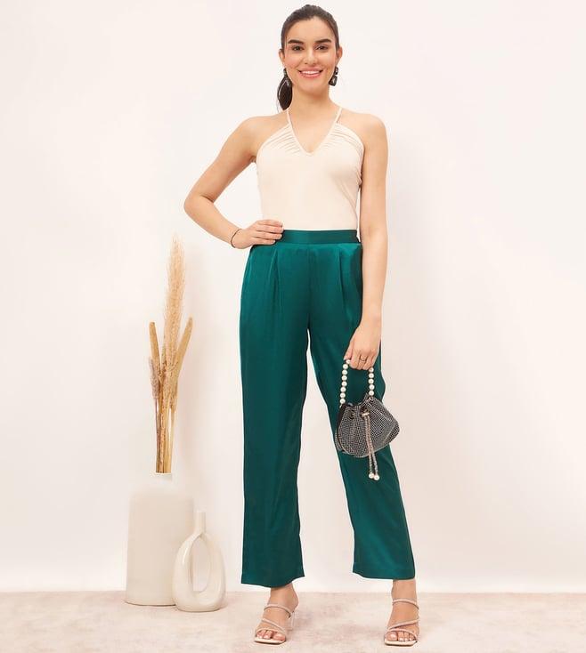 first resort by ramola bachchan teal satin straight pants