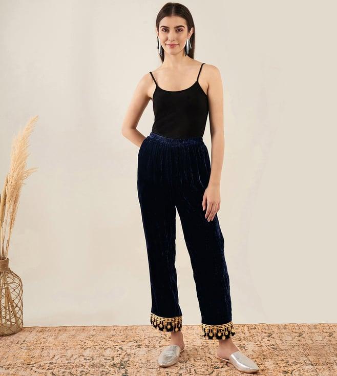 first resort by ramola bachchan blue silk velvet straight pants with mirror lace detail