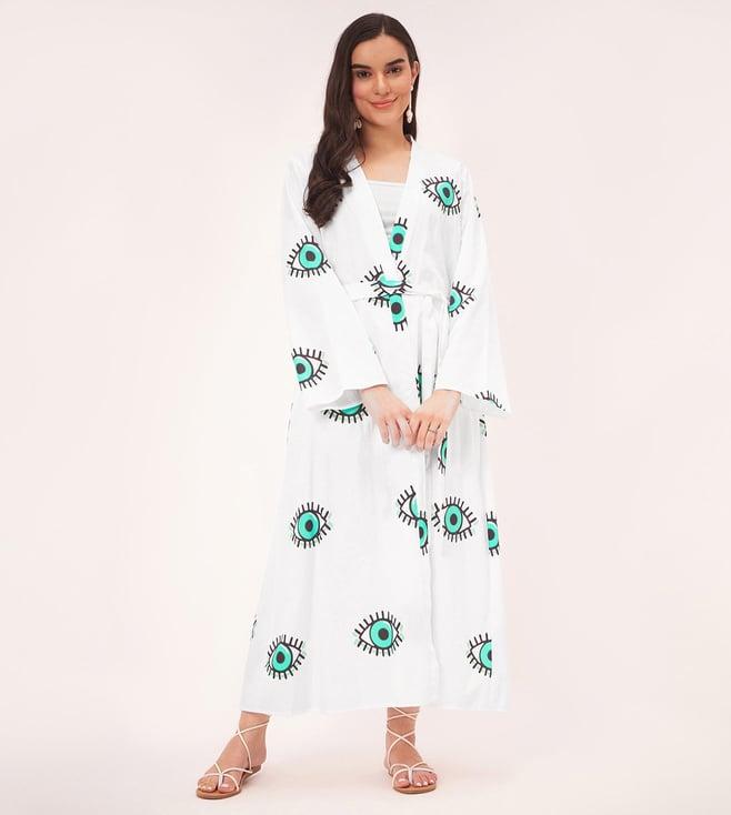 first resort by ramola bachchan evil eye cotton long cover-up with patch and belt