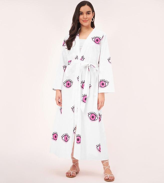 first resort by ramola bachchan evil eye cotton long cover-up with patch and belt