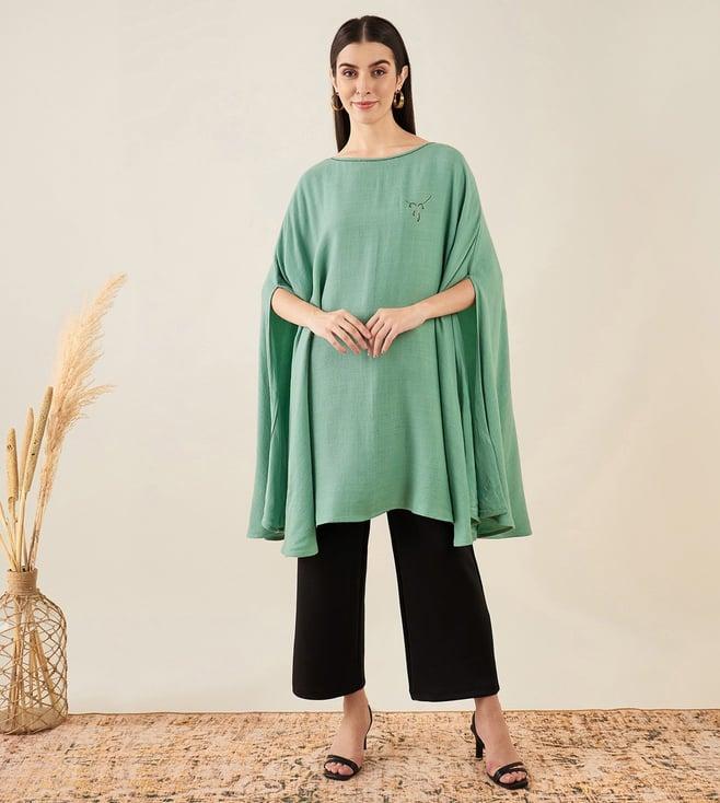 first resort by ramola bachchan seafood green embellished long cashmere poncho