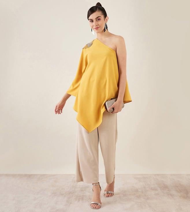 first resort by ramola bachchan mustard one-shoulder crystal hand embroidered asymmetrical top