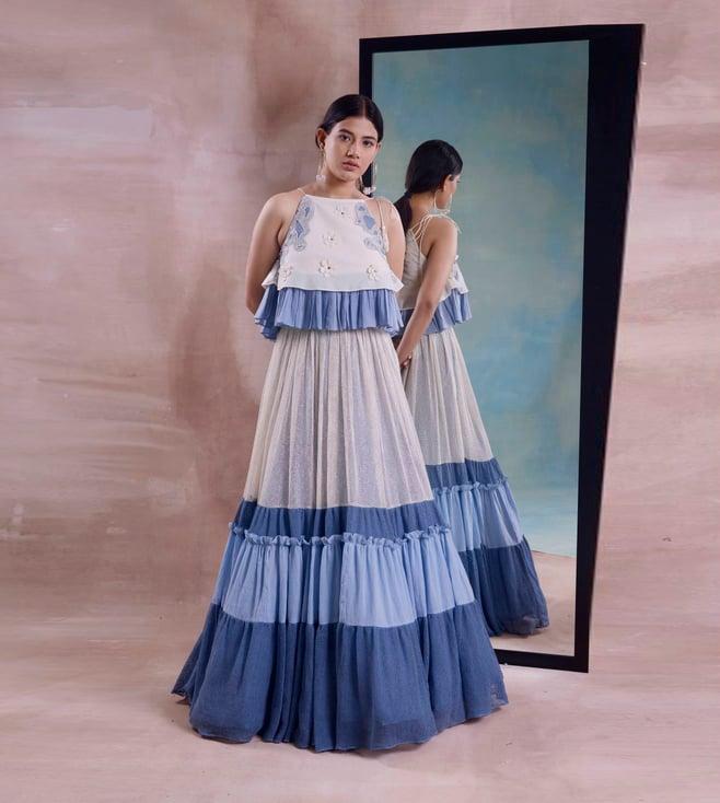 shwetanga ivory & cerulean tarang layered frill lehenga with top