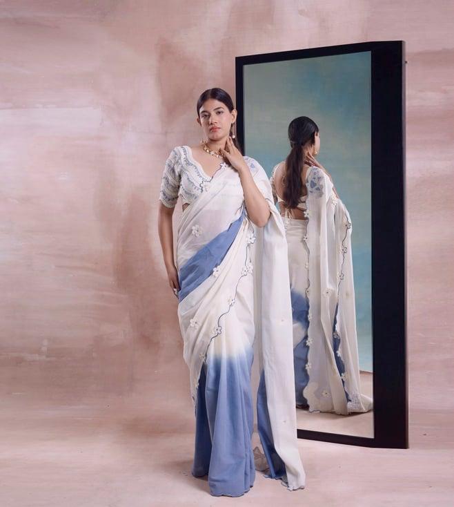 shwetanga ivory & cerulean tarang scalloped ombre saree with blouse