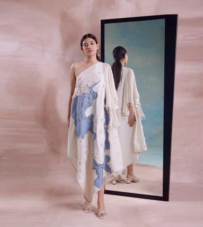 shwetanga ivory & cerulean tarang one shoulder scarf dress