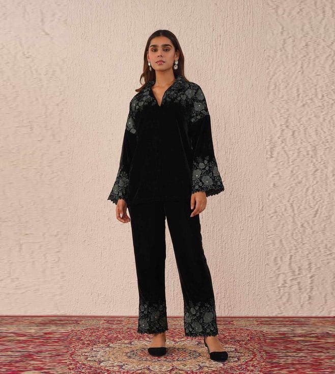 inching india black sifat velvet roses top with pant co-ord set