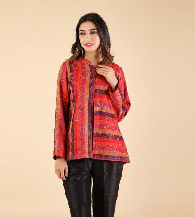 inching india pink & red nihaar striped woollen cape