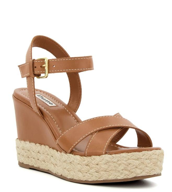 dune london women's kind tan ankle strap wedges