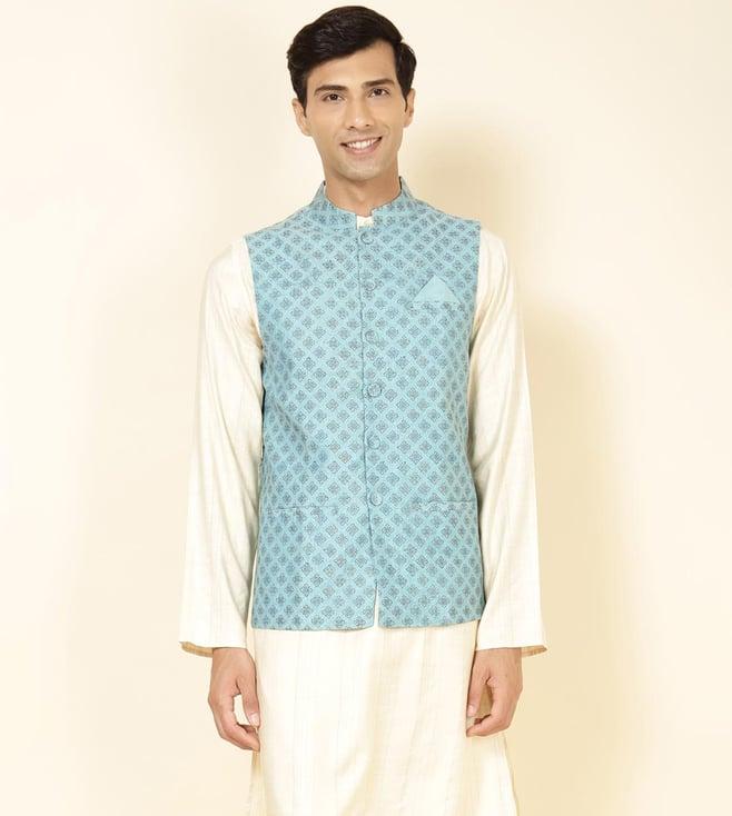 fabindia light blue viscose silk hand block printed nehru jacket