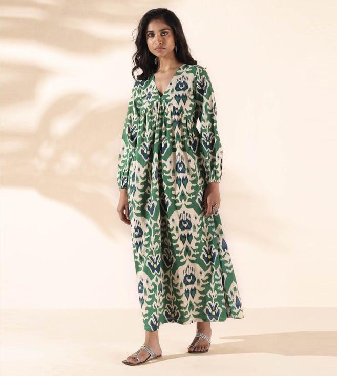 truebrowns green malang cotton ikat flared dress