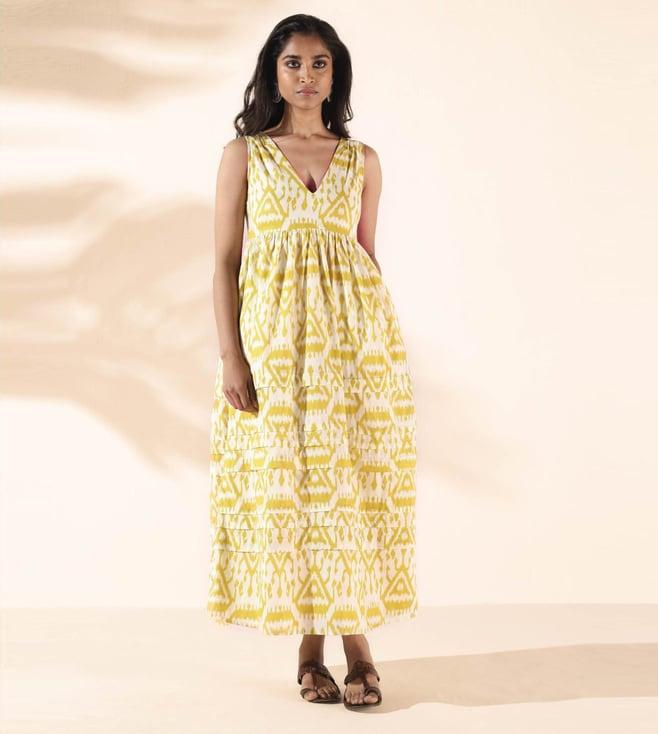 truebrowns lime malang cotton ikat sleeveless flared dress