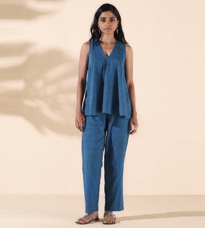 truebrowns blue malang cotton dobby flared top with pant co-ord set