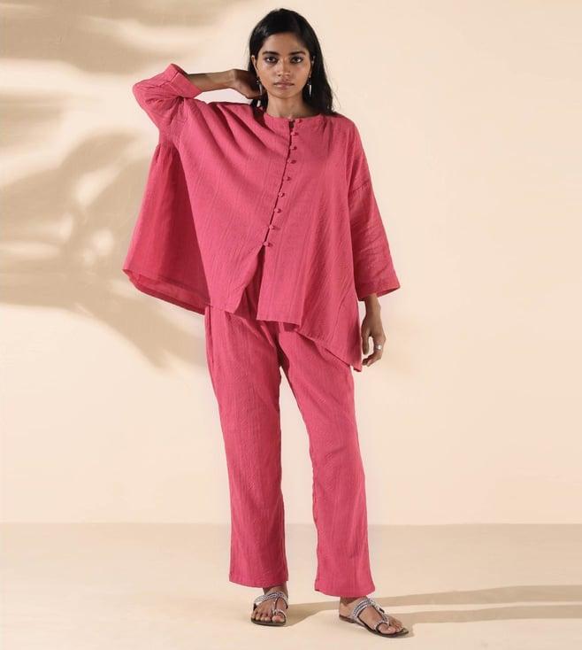 truebrowns pink malang cotton dobby oversized top with pant co-ord set