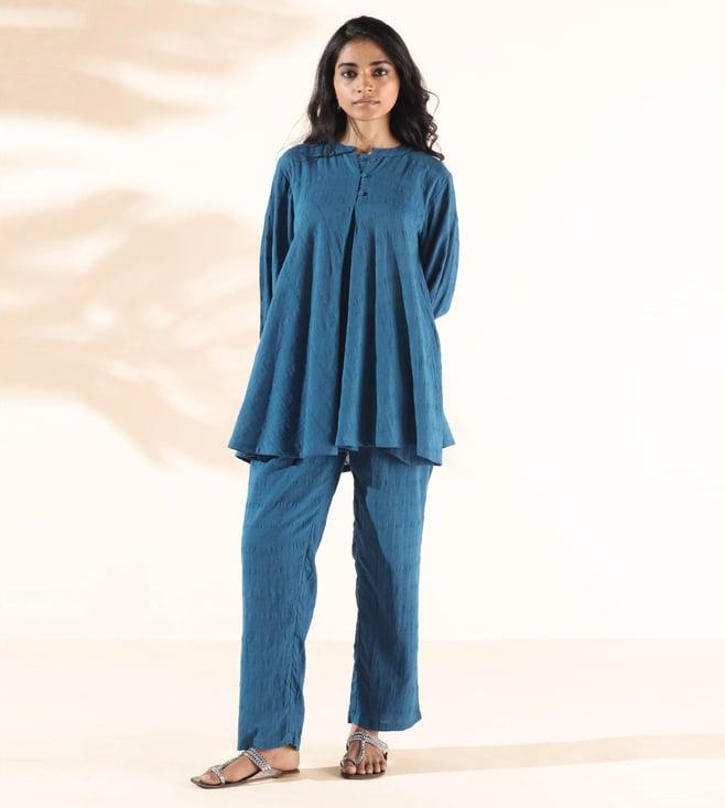 truebrowns blue malang cotton dobby yoke top with pant co-ord set