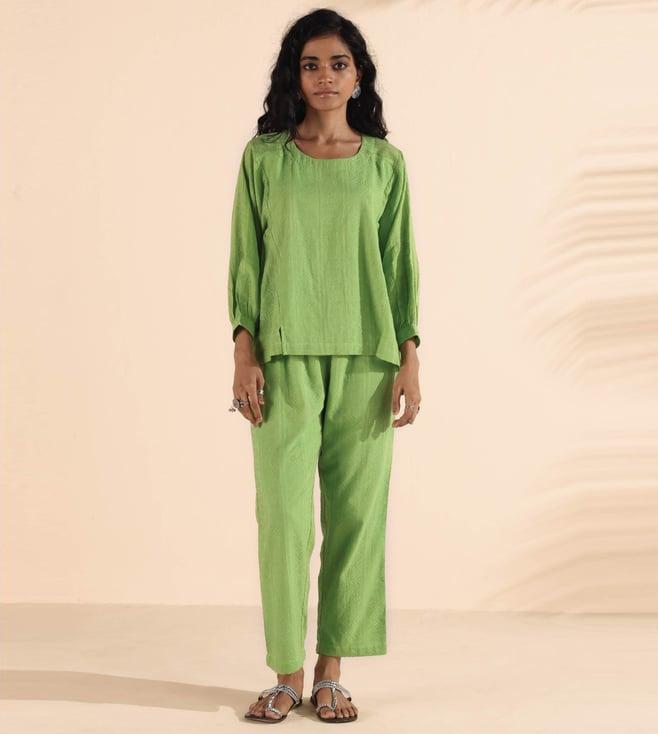 truebrowns bright green malang cotton dobby short top with pant co-ord set