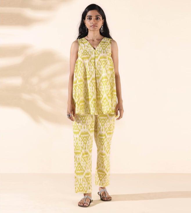 truebrowns lime malang cotton ikat sleeveless top with pant co-ord set