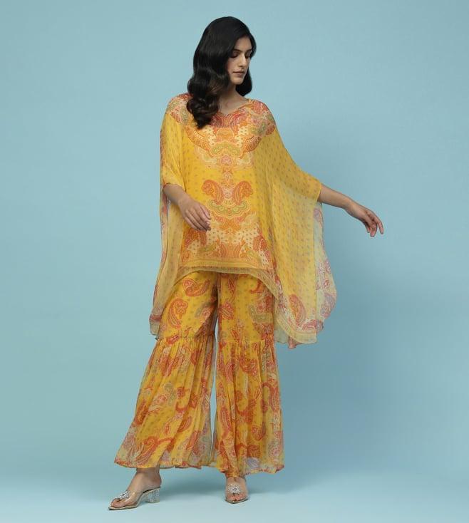 aarke ritu kumar yellow della paisley print kurta with sharara and camisole co-ord set