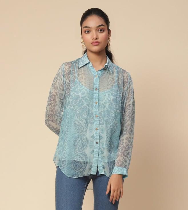 aarke ritu kumar blue ersheen paisley print shirt with camisole