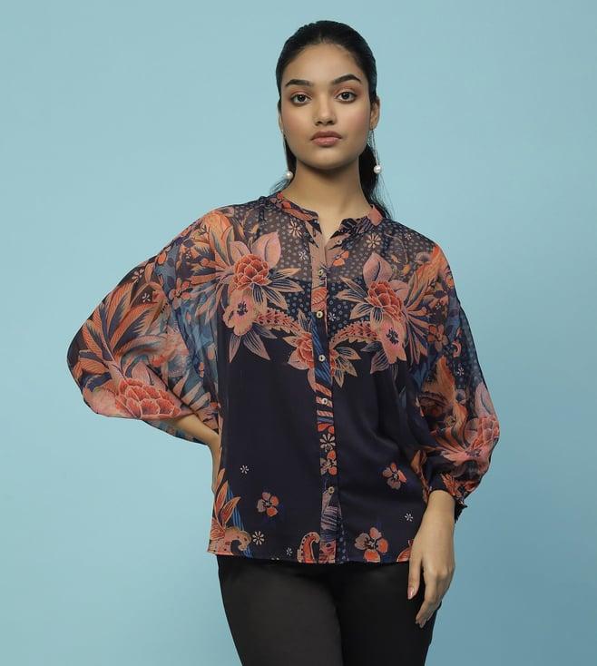 aarke ritu kumar navy blue vaasvi floral print shirt with camisole