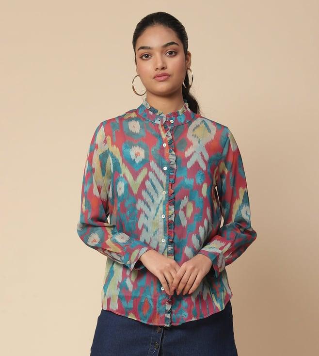 aarke ritu kumar blue parker printed shirt with camisole