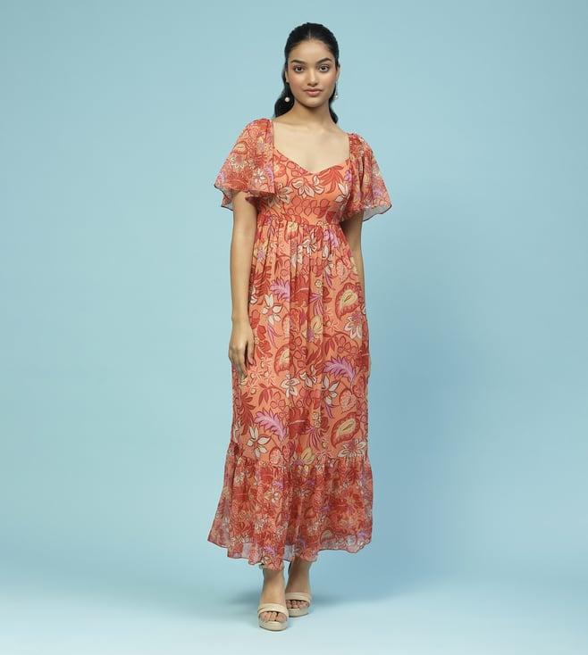 aarke ritu kumar orange sherry floral print long dress