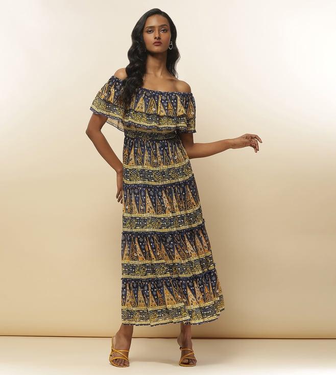 label ritu kumar blue louisa printed off shoulder dress