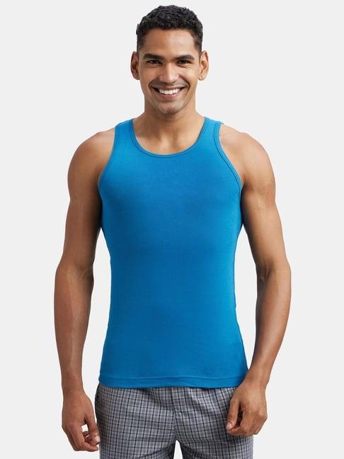 jockey fp04 blue super combed cotton rib sleeveless vest with extended length for easy tuck