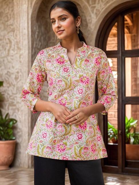 soch sap green & pink cotton floral print tunic