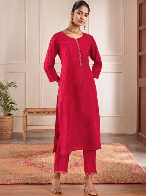 soch red rayon mukaish work round-neck straight kurta sets with pocket