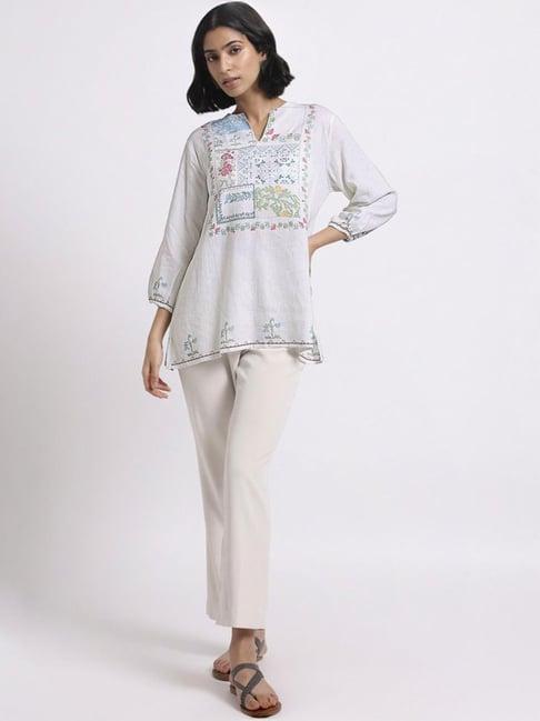 bombay bloom white patchwork linen top