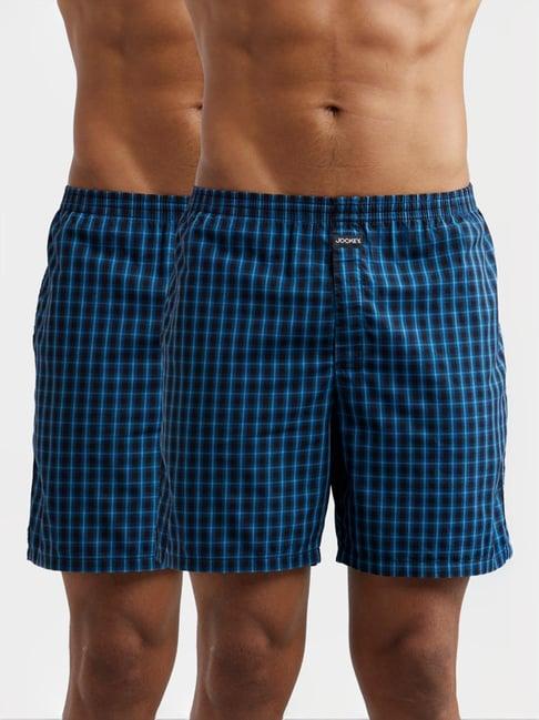 jockey blue & black regular fit check boxer shorts - pack of 2