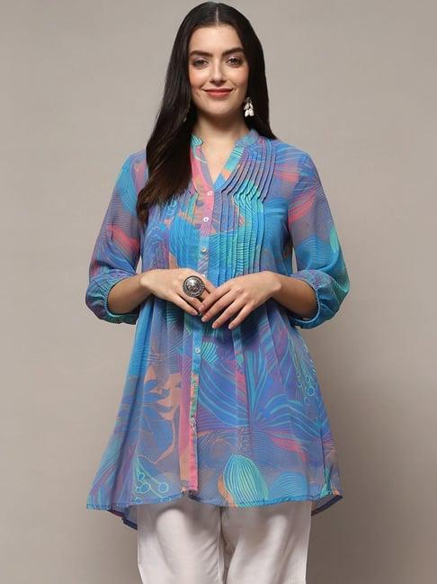 biba blue cotton printed a line short kurti with inner