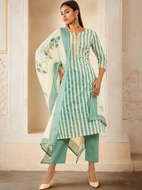 soch teal cotton striped suit set with sequins embellished