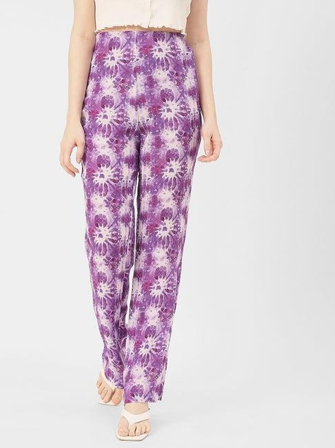 moomaya lavender printed regular fit high rise pants