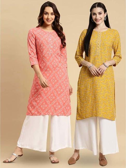 rangita peach & yellow printed straight kurta - pack of 2