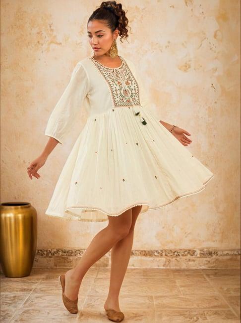 soch white & green cotton embroidered a-line ethnic dress with tie-ups